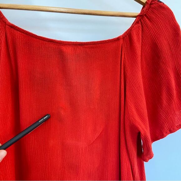 Red Square Neck Top Flowy Embroidered Short Sleeve Fairy Floral Boho Cottage S - Picture 6 of 8